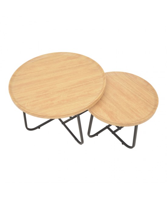 Tραπέζια σαλονιού Crismory pakoworld σετ 2τεμ MDF σε φυσική απόχρωση και μαύρα μεταλλικά πόδια