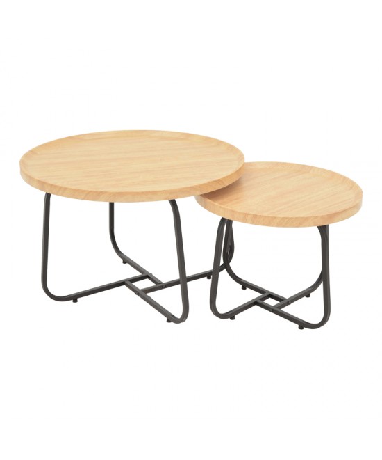 Tραπέζια σαλονιού Crismory pakoworld σετ 2τεμ MDF σε φυσική απόχρωση και μαύρα μεταλλικά πόδια