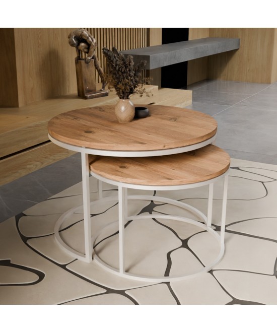 Τραπέζια σαλονιού Solme pakoworld σετ 2τεμ λευκό μέταλλο και μελαμίνη σε φυσική απόχρωση 60x75x45εκ