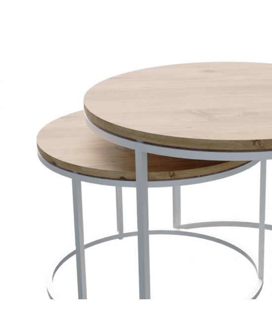 Τραπέζια σαλονιού Solme pakoworld σετ 2τεμ λευκό μέταλλο και μελαμίνη σε φυσική απόχρωση 60x75x45εκ