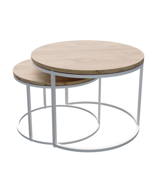 Τραπέζια σαλονιού Solme pakoworld σετ 2τεμ λευκό μέταλλο και μελαμίνη σε φυσική απόχρωση 60x75x45εκ