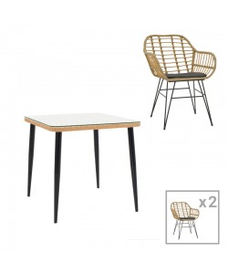 Τραπεζαρία Naoki V σετ 3τεμ pakoworld rattan pe σε φυσική απόχρωση και μαύρο μέταλλο 80x80x78εκ