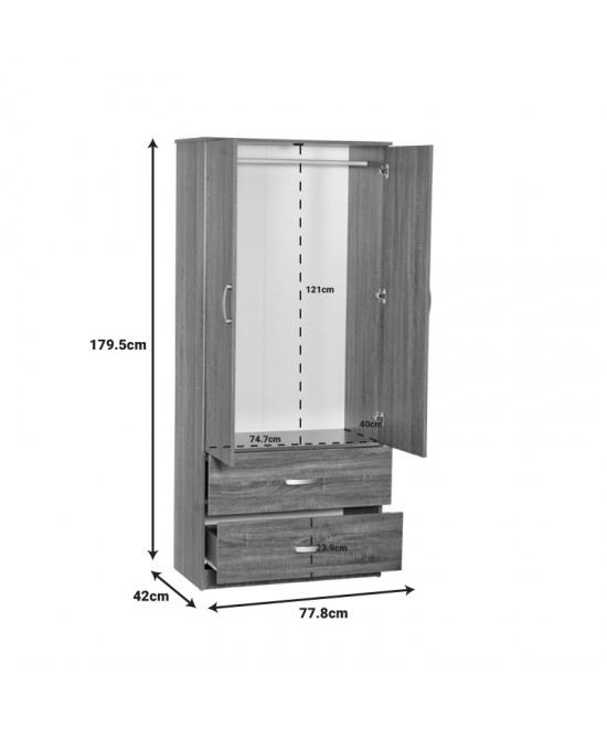 Ντουλάπα ρούχων δίφυλλη Zelia pakoworld με 2 συρτάρια χρώμα καρυδί 79x42x180εκ