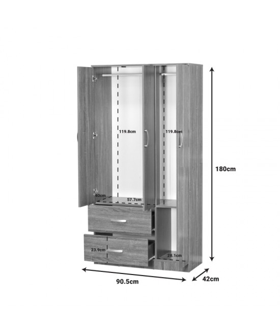 Ντουλάπα ρούχων τρίφυλλη Zelia pakoworld με 2 συρτάρια χρώμα καρυδί 90x42x180εκ