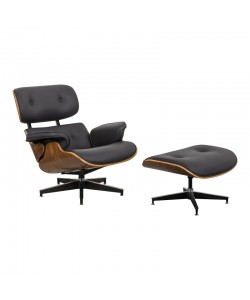 Πολυθρόνα-υποπόδιο relax Jenna pakoworld μαύρο pu- plywood καρυδί-βάση χρωμίου 82x92x82εκ