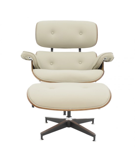 Πολυθρόνα-υποπόδιο relax Jenna pakoworld μπεζ pu- plywood καρυδί-βάση χρωμίου 82x92x82εκ