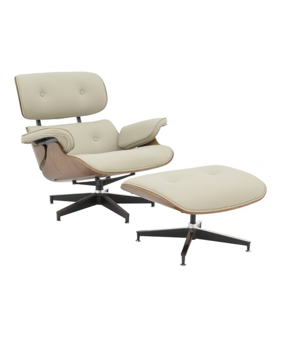 Πολυθρόνα-υποπόδιο relax Jenna pakoworld μπεζ pu- plywood καρυδί-βάση χρωμίου 82x92x82εκ