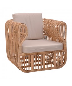 Πολυθρόνα Fajole pakoworld rattan σε φυσική απόχρωση με μπεζ μαξιλάρι 86x86x66εκ