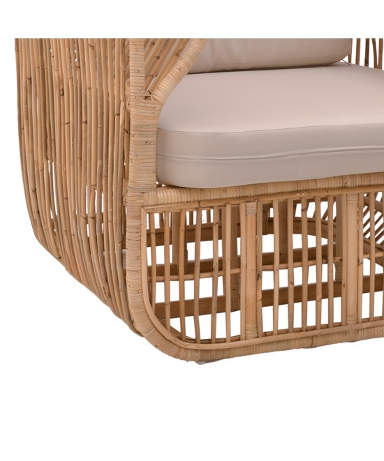 Πολυθρόνα Fajole pakoworld rattan σε φυσική απόχρωση με μπεζ μαξιλάρι 86x86x66εκ