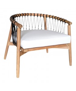 Πολυθρόνα Haribo pakoworld φυσικό teak ξύλο-μαύρο σχοινί-λευκο μαξιλάρι 80x76x72εκ