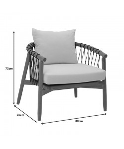 Πολυθρόνα Haribo pakoworld φυσικό teak ξύλο-μαύρο σχοινί-λευκο μαξιλάρι 80x76x72εκ