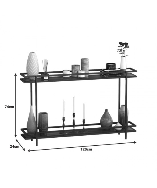 Κονσόλα μεταλλική με γυάλινη επιφάνεια Matly pakoworld σε μαύρη απόχρωση 120x24x74εκ