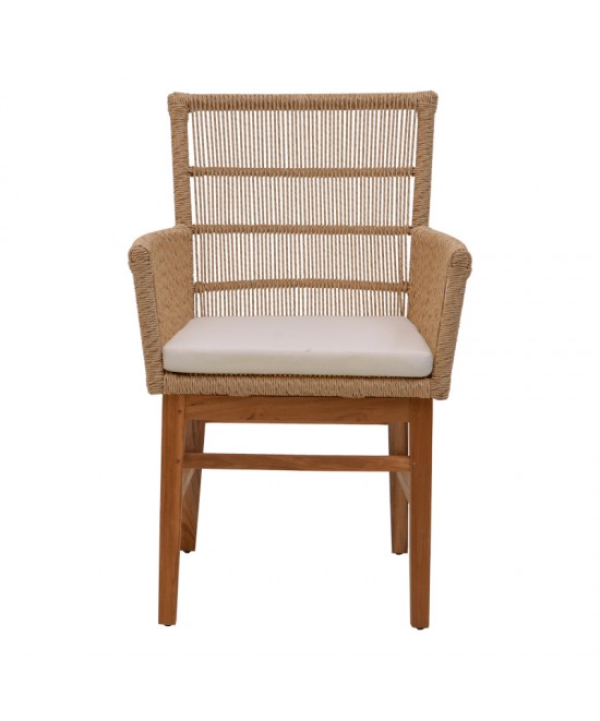 Πολυθρόνα Inca pakoworld  teak ξύλο και pe σχοινί σε φυσική-μπεζ απόχρωση με μαξιλάρι 60x61x90εκ