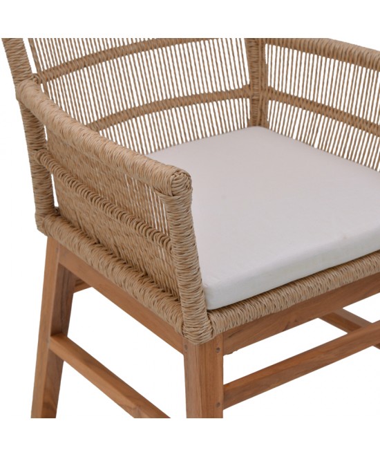 Πολυθρόνα Inca pakoworld  teak ξύλο και pe σχοινί σε φυσική-μπεζ απόχρωση με μαξιλάρι 60x61x90εκ