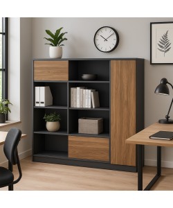 Βιβλιοθήκη-βιτρίνα γραφείου επαγγελματική Oscar pakoworld μελαμίνη σε καρυδί-ανθρακί απόχρωση 180x40x180εκ