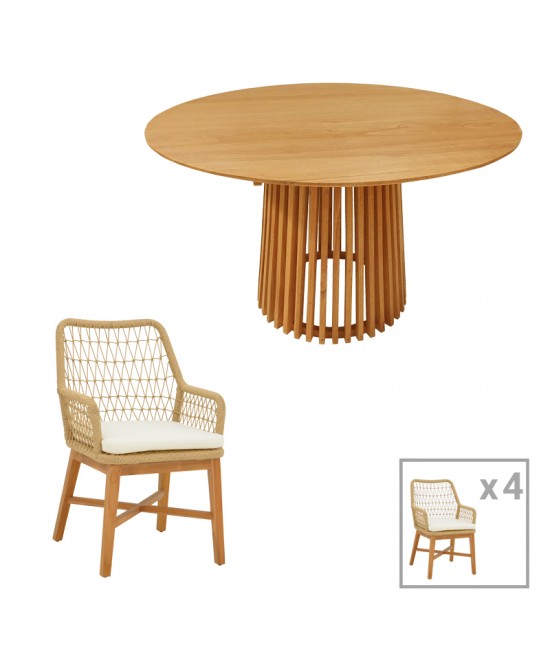 Τραπεζαρία Elaiza-Kenda pakoworld σετ 5τεμ teak ξύλο σε φυσική-μπεζ απόχρωση Φ120x75εκ