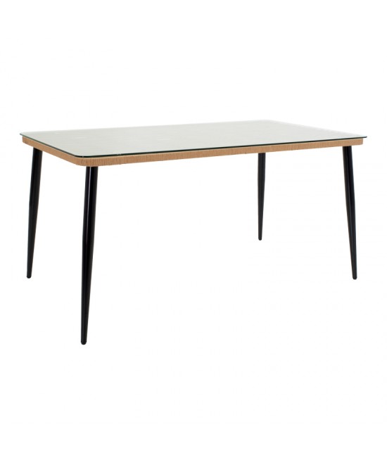 Τραπεζαρία Naoki-Tanish pakoworld σετ 7 τμχ rattan φυσικό-μαύρο μέταλλο-γυαλί 160x90x78εκ