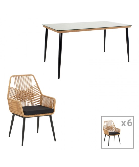 Τραπεζαρία Naoki-Tanish pakoworld σετ 7 τμχ rattan φυσικό-μαύρο μέταλλο-γυαλί 160x90x78εκ