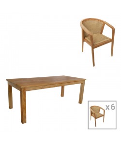 Τραπεζαρία Granny-Wooly pakoworld σετ 7τεμ σε φυσική-μπεζ απόχρωση 220x90x75εκ