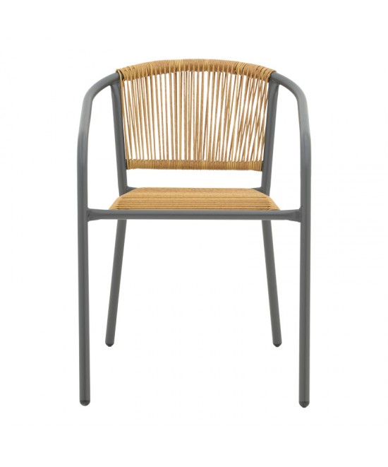 Πολυθρόνα Lindaria pakoworld στοιβαζόμενη μέταλλο σε ανθρακί και pe rattan σε φυσική απόχρωση 54x63x74εκ