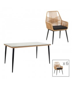 Τραπεζαρία Naoki-Tanish σετ 7τεμ pakoworld μέταλλο μαύρο-pe φυσικό-γυαλί 160x90x78εκ