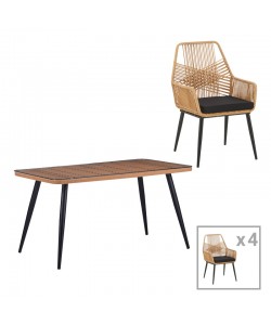Τραπεζαρία Naoki-Tanish σετ 5 τεμ pakoworld γυάλινο- pe rattan σε φυσική απόχρωση με μαυρα πόδια 140x80x78εκ