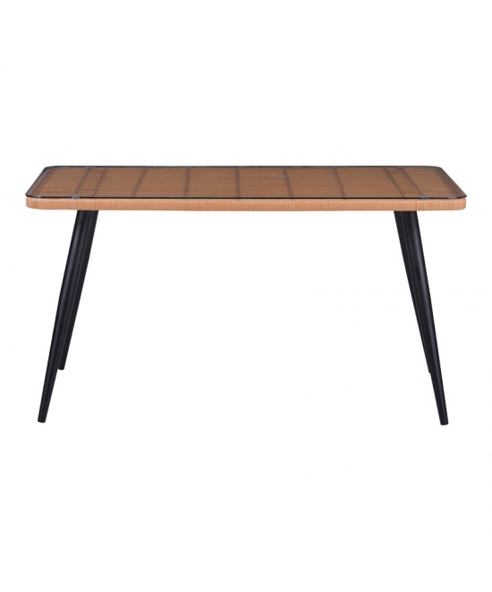 Τραπεζαρία Naoki-Tanish σετ 5 τεμ pakoworld γυάλινο- pe rattan σε φυσική απόχρωση με μαυρα πόδια 140x80x78εκ