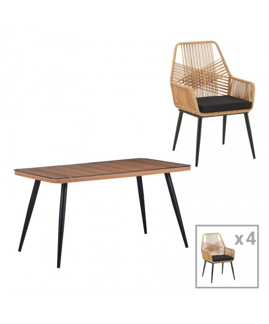 Τραπεζαρία Naoki-Tanish σετ 5 τεμ pakoworld γυάλινο- pe rattan σε φυσική απόχρωση με μαυρα πόδια 140x80x78εκ