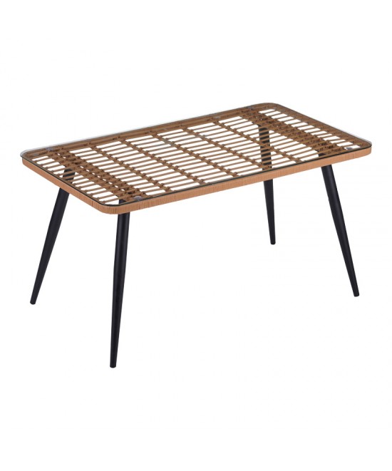 Τραπεζαρία Naoki-Tanish σετ 5 τεμ pakoworld γυάλινο- pe rattan σε φυσική απόχρωση με μαυρα πόδια 140x80x78εκ