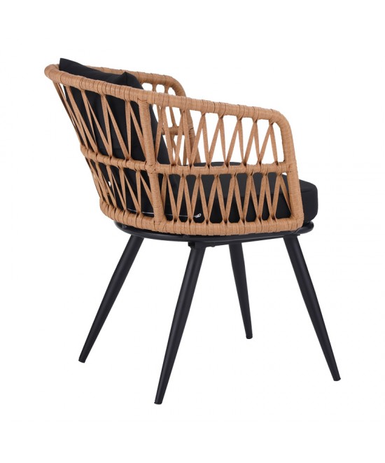 Τραπεζαρία Naoki σετ 3 τεμ pakoworld μέταλλο μαύρο-pe φυσικό-γυαλί 80x80x78εκ