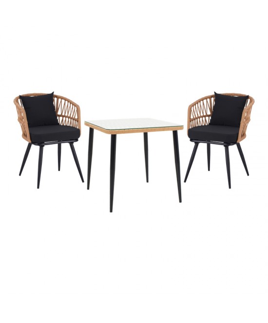 Τραπεζαρία Naoki σετ 3 τεμ pakoworld μέταλλο μαύρο-pe φυσικό-γυαλί 80x80x78εκ