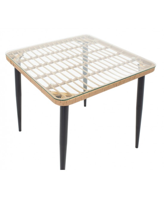 Τραπεζαρία Naoki σετ 3 τεμ pakoworld μέταλλο μαύρο-pe φυσικό-γυαλί 80x80x78εκ