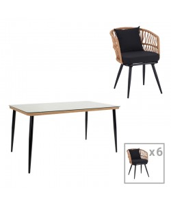 Τραπεζαρία Naoki σετ 7 τεμ pakoworld μέταλλο μαύρο-pe φυσικό-γυαλί 160x90x78εκ