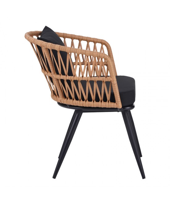 Τραπεζαρία Naoki σετ 7 τεμ pakoworld μέταλλο μαύρο-pe φυσικό-γυαλί 160x90x78εκ