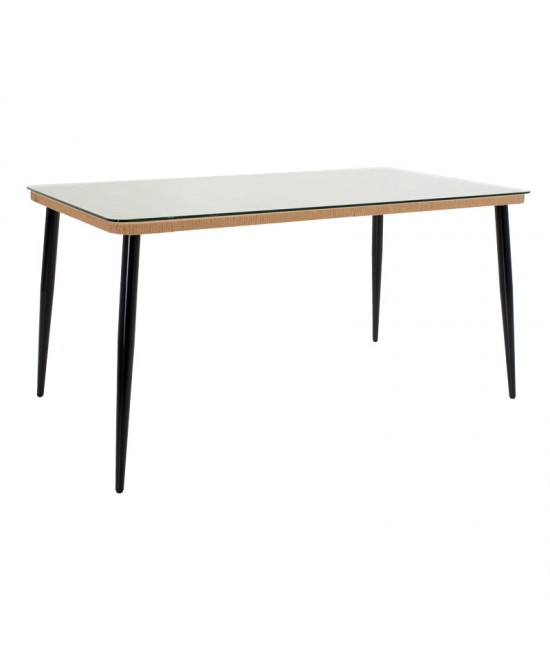 Τραπεζαρία Naoki σετ 7 τεμ pakoworld μέταλλο μαύρο-pe φυσικό-γυαλί 160x90x78εκ