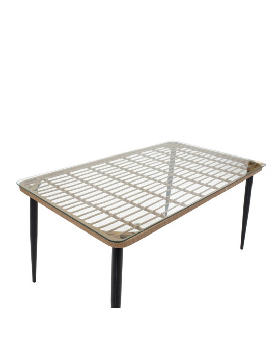 Τραπεζαρία Naoki σετ 7 τεμ pakoworld μέταλλο μαύρο-pe φυσικό-γυαλί 160x90x78εκ