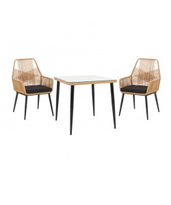 Τραπεζαρία Naoki-Tanish σετ 3 τεμ pakoworld μέταλλο μαύρο-pe φυσικό-γυαλί 80x80x78εκ