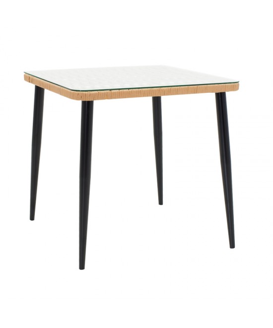 Τραπεζαρία Naoki-Tanish σετ 3 τεμ pakoworld μέταλλο μαύρο-pe φυσικό-γυαλί 80x80x78εκ