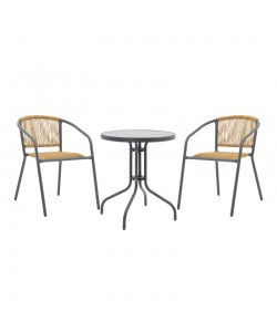Tραπεζαρία Watson-Lindaria pakoworld σετ 3τεμ μέταλλο ανθρακί-γυαλί- pe rattan σε φυσική απόχρωση Φ60x70εκ