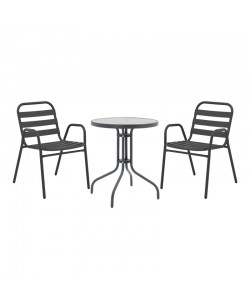 Tραπεζαρία Watson-Sussie pakoworld σετ 3τεμ μέταλλο ανθρακί-γυαλί Φ60x70εκ