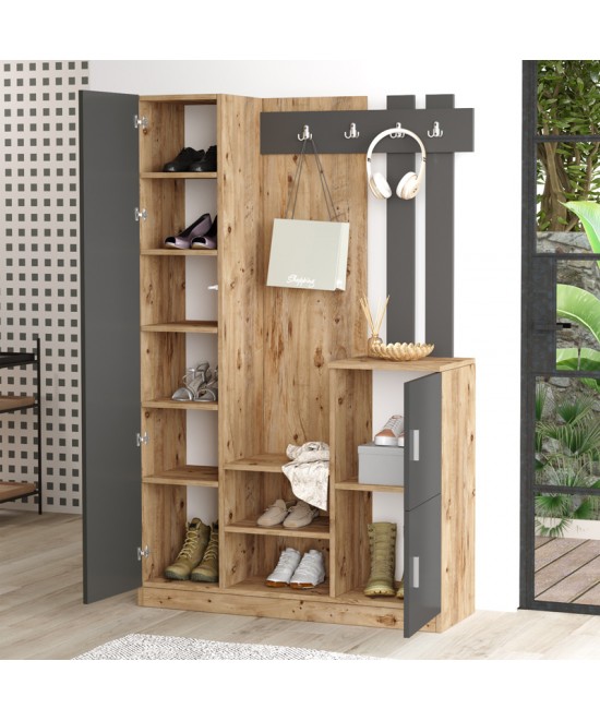 Έπιπλο εισόδου Saron με καθρέπτη pakoworld σε φυσικό-ανθρακί απόχρωση 113x35x180εκ