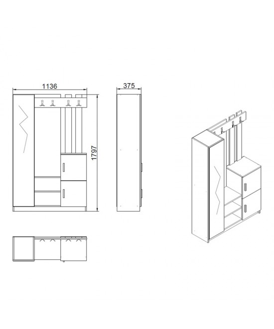 Έπιπλο εισόδου Saron με καθρέπτη pakoworld σε φυσικό-ανθρακί απόχρωση 113x35x180εκ