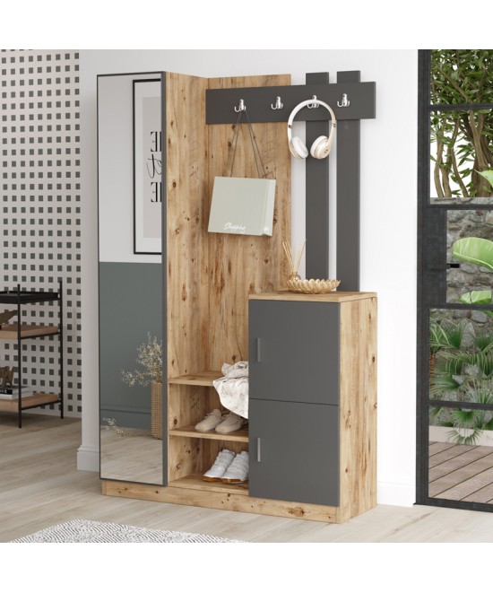 Έπιπλο εισόδου Saron με καθρέπτη pakoworld σε φυσικό-ανθρακί απόχρωση 113x35x180εκ