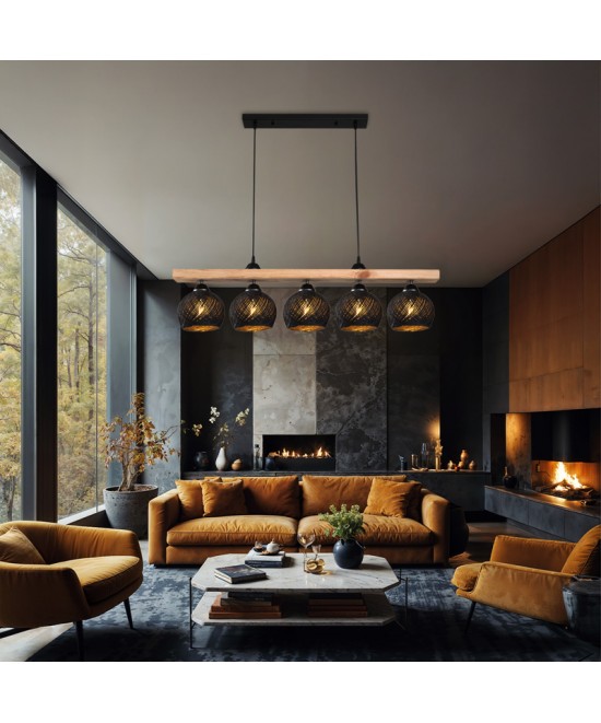 Φωτιστικό οροφής πεντάφωτο Salote pakoworld Ε27 σε καφέ-μαύρη απόχρωση 100x18x24εκ