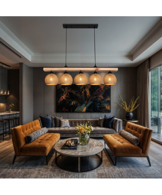 Φωτιστικό οροφής πεντάφωτο Salote pakoworld Ε27 σε καφέ-φυσική απόχρωση 100x18x24εκ