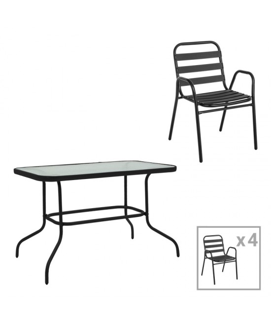 Τραπεζαρία Valor-Sussie pakoworld σετ 5τεμ μέταλλο μαύρο-γυαλί 110x60x70εκ