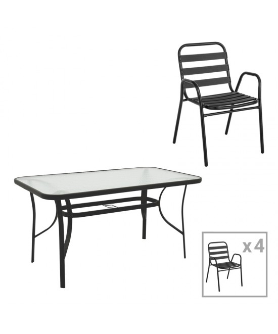 Τραπεζαρία Sussie-Ensure pakoworld 5τεμ μέταλλο-γυαλί σε μαύρη απόχρωση 140x80x70εκ