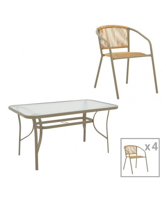 Τραπεζαρία Lindaria-Ensure pakoworld 5τεμ μέταλλο-γυαλί σε σαμπανιζέ απόχρωση 140x80x70εκ