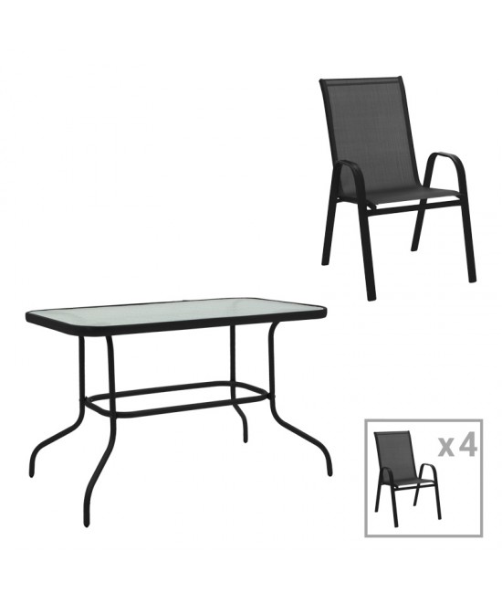 Τραπεζαρία Valor-Calan pakoworld σετ 5τεμ μέταλλο μαύρο-γυαλί-textilene μαύρο 110x60x70εκ