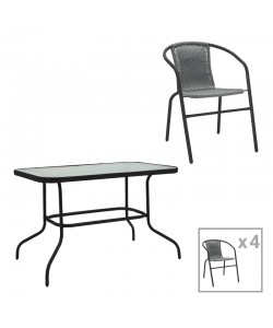 Τραπεζαρία Valor-Obbi pakoworld σετ 5τεμ μέταλλο μαύρο-γυαλί-pe γκρι 110x60x70εκ